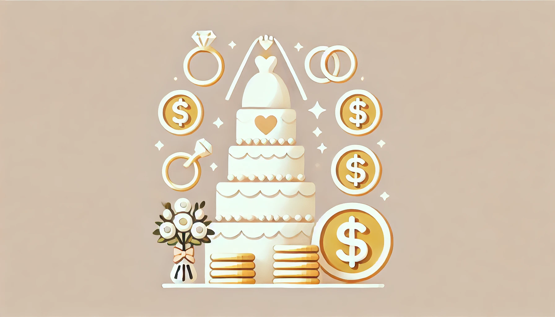 Elegant wedding-themed graphic with symbols of money, including a wedding cake, rings, a bouquet, dollar signs, and coins in soft pastel colors.