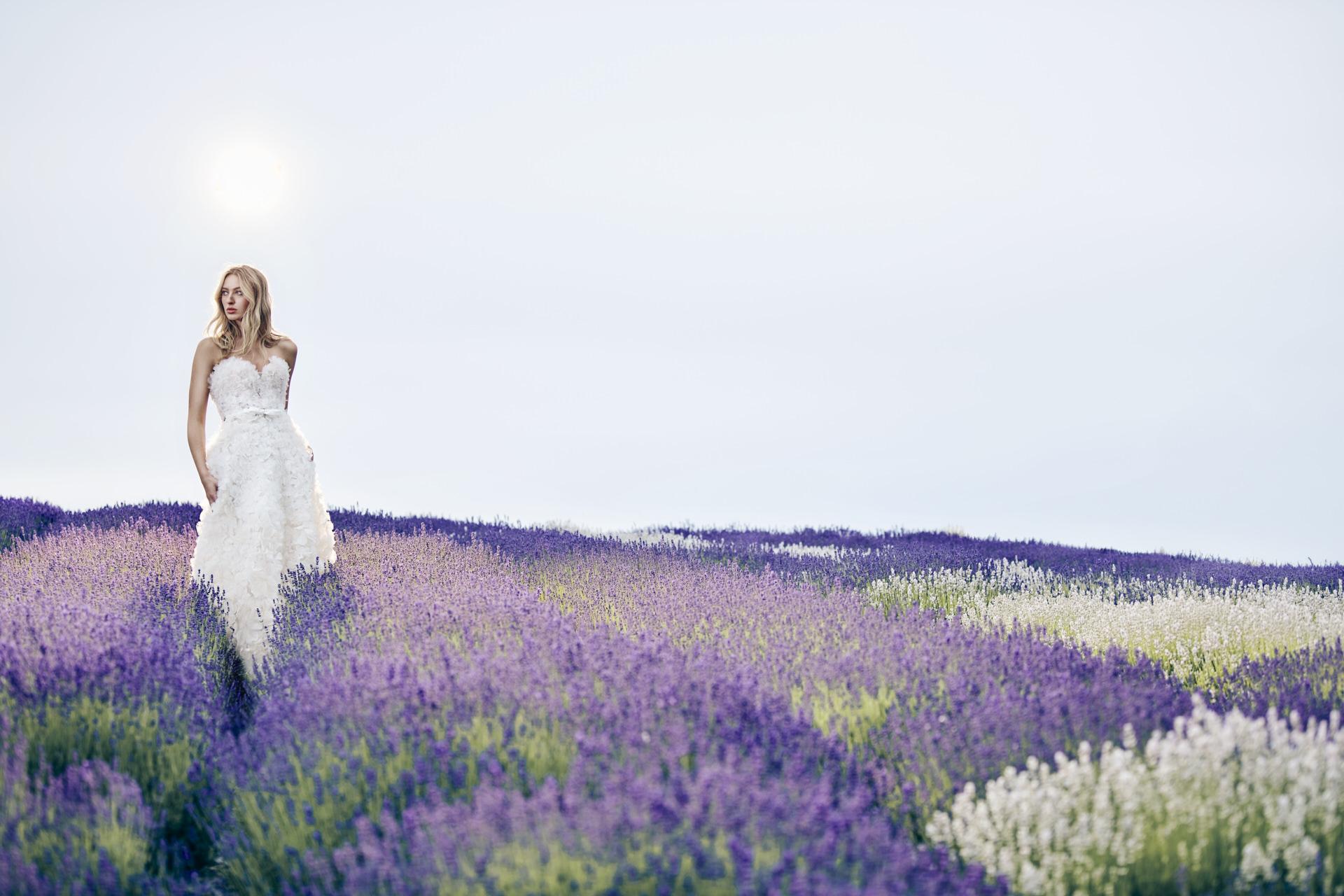 Lians' bridal editorial Hair & Makeup by Monica Jadan: a sun-kissed bride in a ruffled gown at Lavender Hills Farm, Michigan.