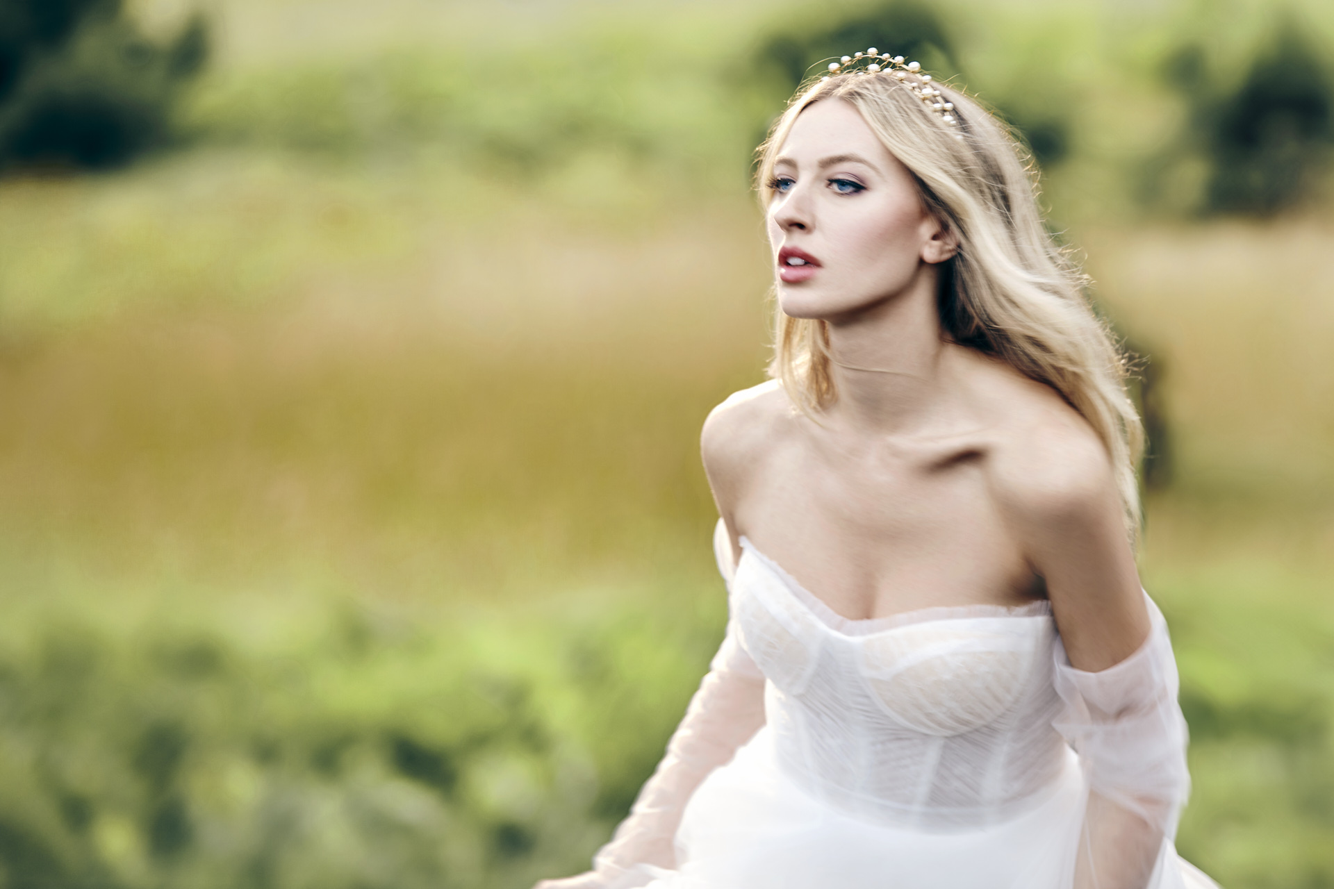 Lians' bridal editorial Hair & Makeup by Monica Jadan: a sun-kissed bride in a ruffled gown at Lavender Hills Farm, Michigan.